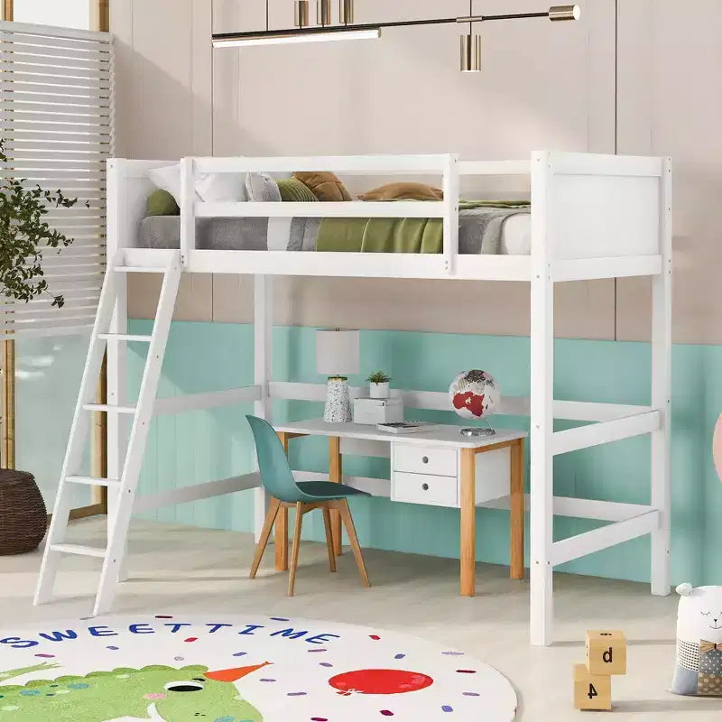 Lit mezzanine en bois massif Okak, avec échelle et barrières de sécurité, Lit haut et minimaliste pour chambre d'enfant ou d'adolescent