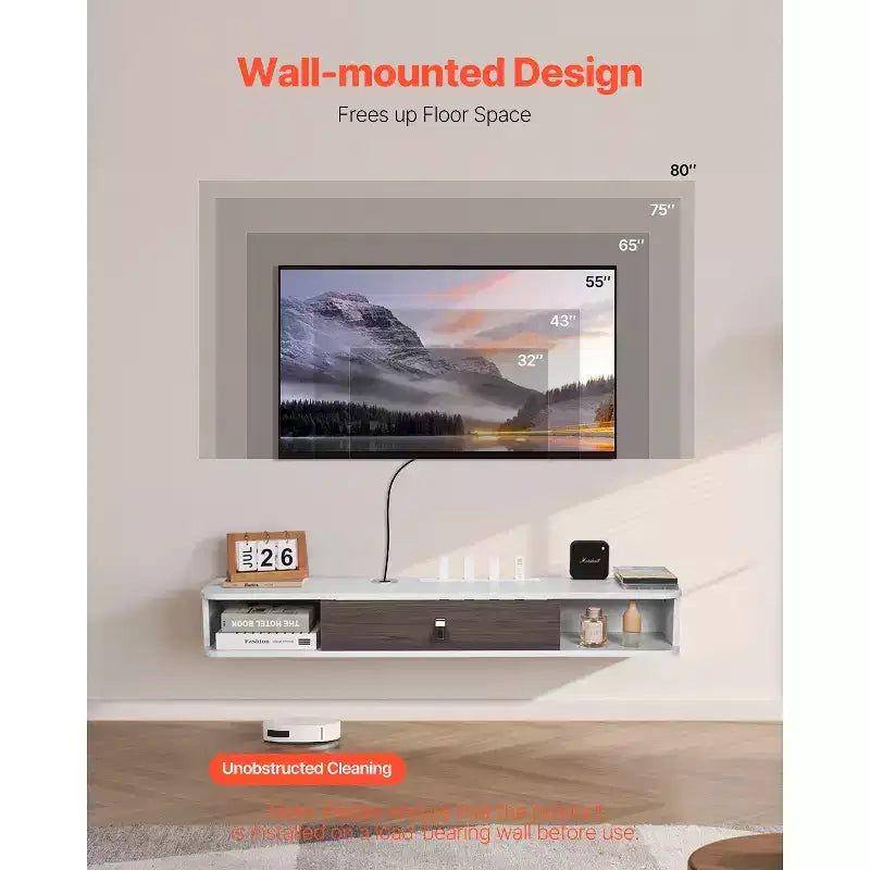 Meuble TV flottant VEVOR, Centre de divertissement mural de 120 cm avec trou pour câbles, Étagère TV flottante moderne avec armoire de rangement, Blanc