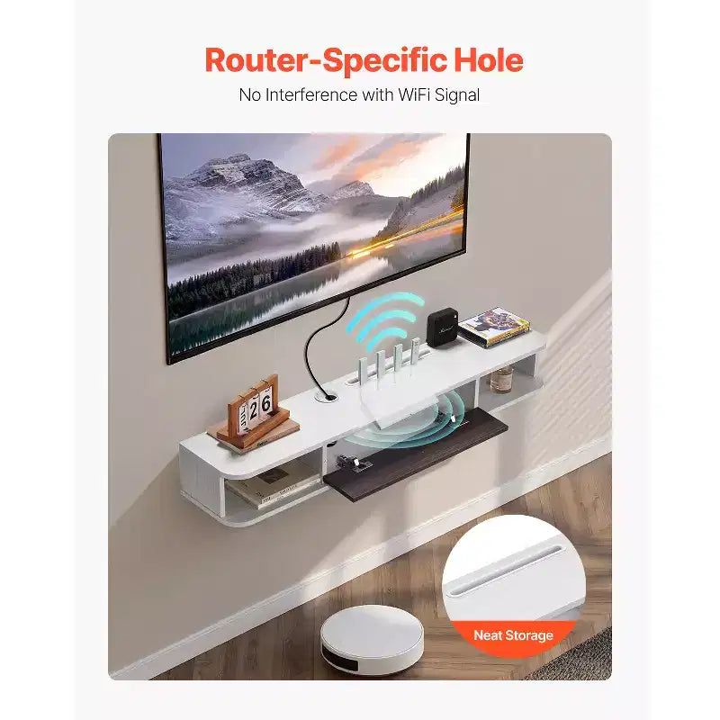 Meuble TV flottant VEVOR, Centre de divertissement mural de 120 cm avec trou pour câbles, Étagère TV flottante moderne avec armoire de rangement, Blanc