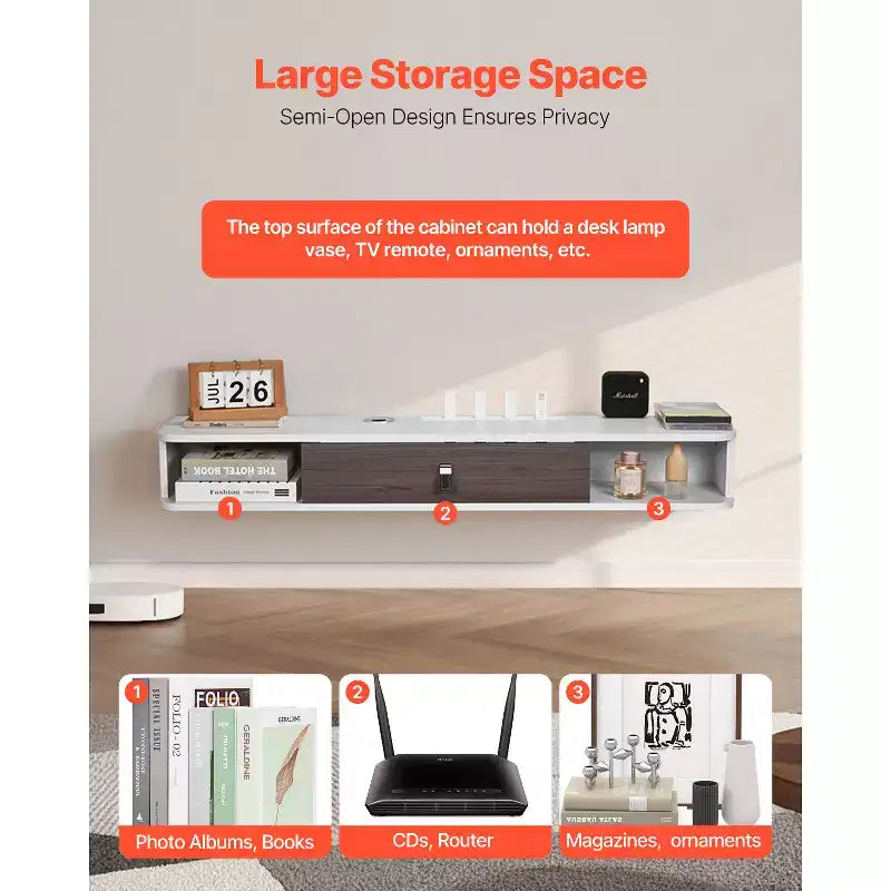 Meuble TV flottant VEVOR, Centre de divertissement mural de 120 cm avec trou pour câbles, Étagère TV flottante moderne avec armoire de rangement, Blanc