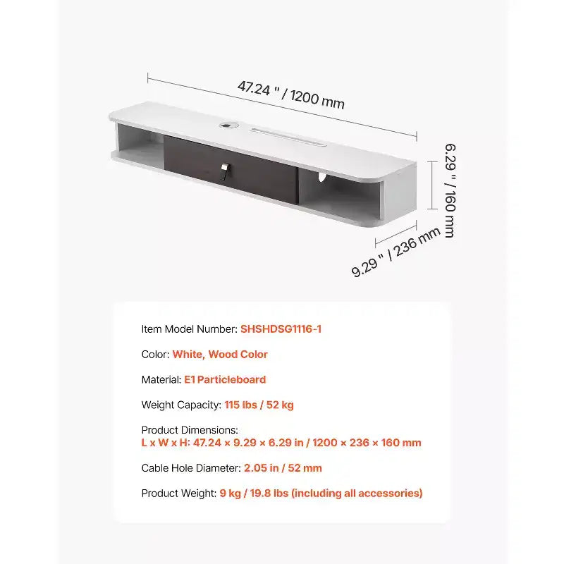 Meuble TV flottant VEVOR, Centre de divertissement mural de 120 cm avec trou pour câbles, Étagère TV flottante moderne avec armoire de rangement, Blanc