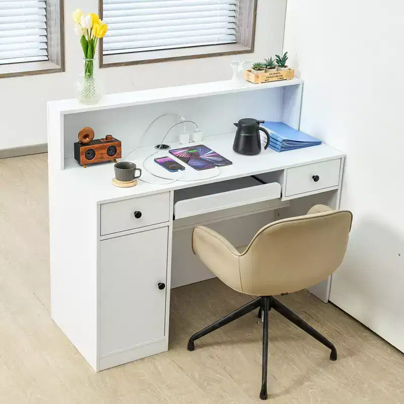 Comptoir de Réception VEVOR, Bureau de Réception Rectangulaire de 120 cm, Table d'Accueil de Bureau avec Éclairage LED, 2 Tiroirs et Prises de Courant, Blanc