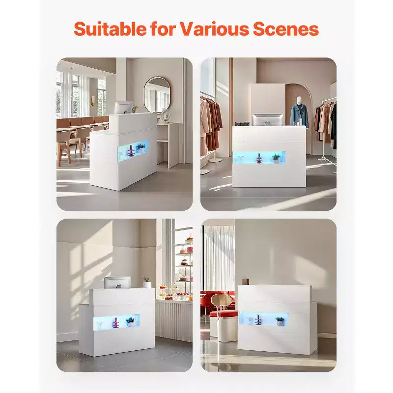Comptoir de Réception VEVOR, Bureau de Réception Rectangulaire de 120 cm, Table d'Accueil de Bureau avec Éclairage LED, 2 Tiroirs et Prises de Courant, Blanc
