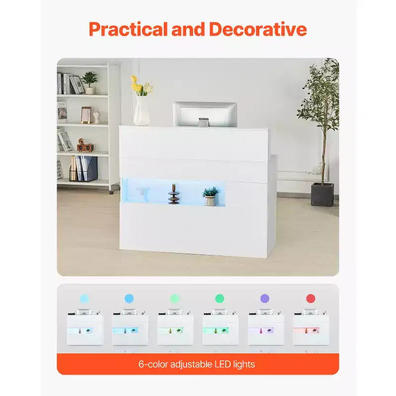 Comptoir de Réception VEVOR, Bureau de Réception Rectangulaire de 120 cm, Table d'Accueil de Bureau avec Éclairage LED, 2 Tiroirs et Prises de Courant, Blanc