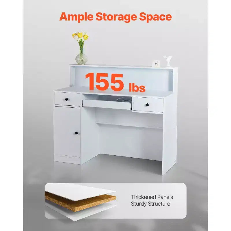 Comptoir de Réception VEVOR, Bureau de Réception Rectangulaire de 120 cm, Table d'Accueil de Bureau avec Éclairage LED, 2 Tiroirs et Prises de Courant, Blanc