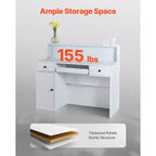 Comptoir de Réception VEVOR, Bureau de Réception Rectangulaire de 120 cm, Table d'Accueil de Bureau avec Éclairage LED, 2 Tiroirs et Prises de Courant, Blanc