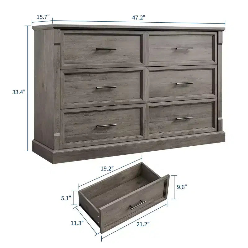 Commode 6 tiroirs GustoWave pour chambre à coucher, commode de ferme de 120 cm de large, commode double en bois rustique, organisateur de commodes de rangement pour salon