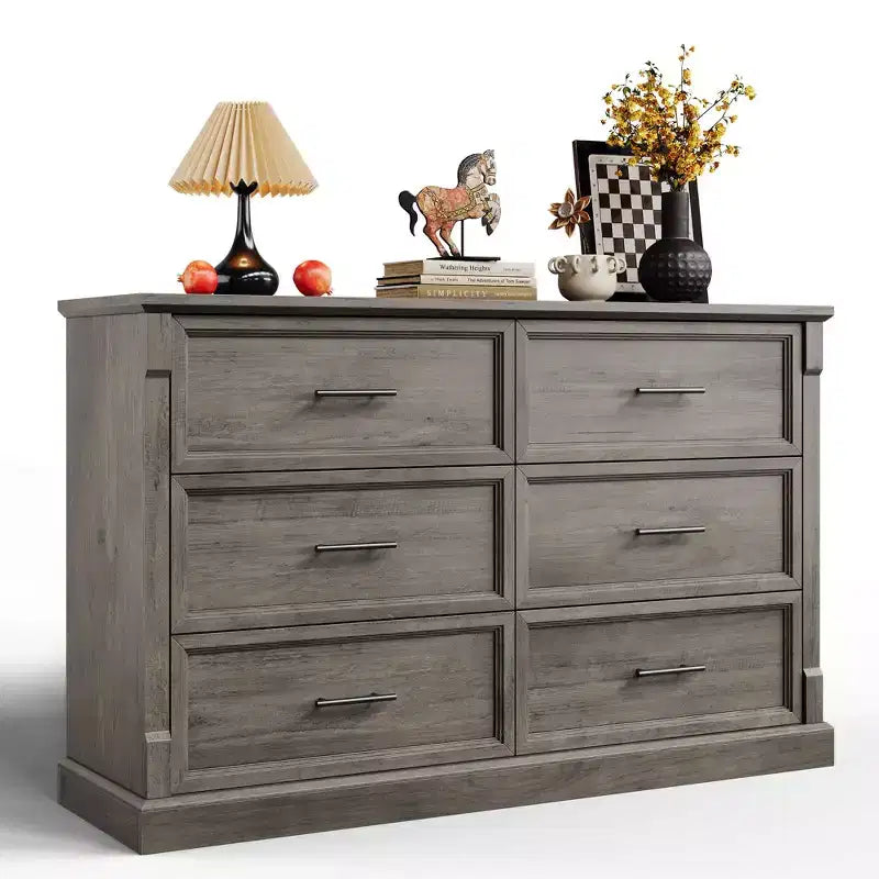 Commode 6 tiroirs GustoWave pour chambre à coucher, commode de ferme de 120 cm de large, commode double en bois rustique, organisateur de commodes de rangement pour salon
