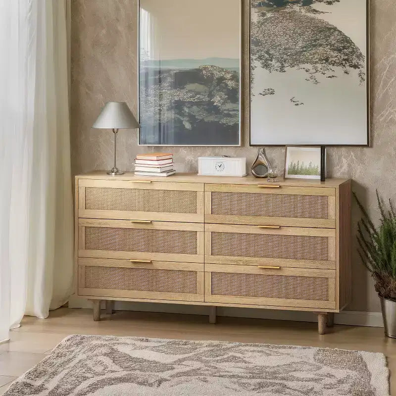 MAYEERTY Commode de rangement en rotin à 6 tiroirs pour chambre à coucher et salon, couleur naturelle
