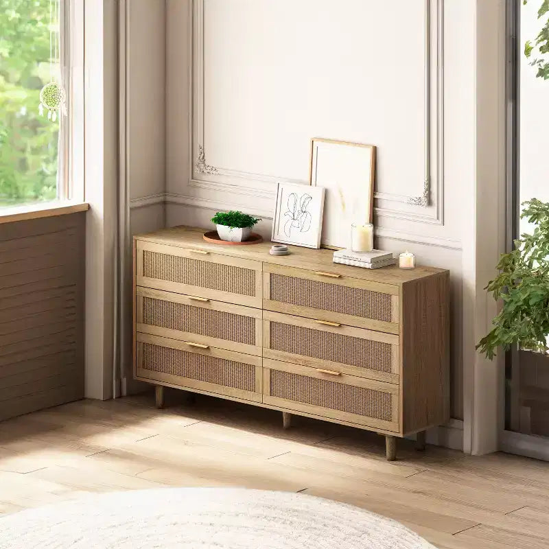 MAYEERTY Commode de rangement en rotin à 6 tiroirs pour chambre à coucher et salon, couleur naturelle