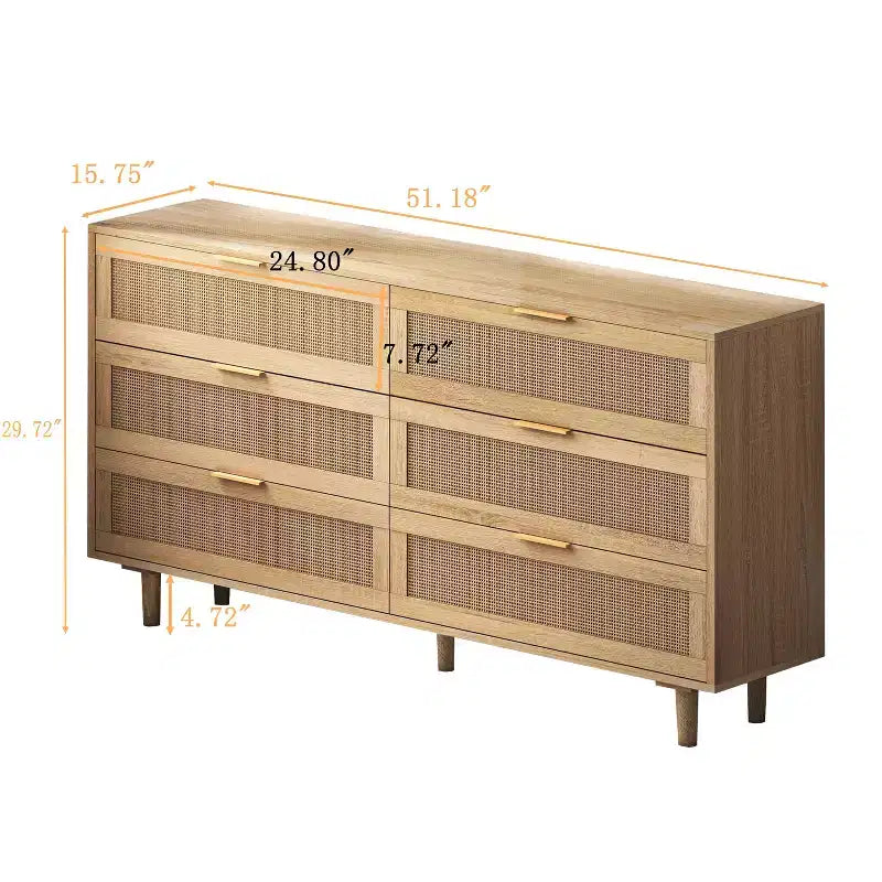 MAYEERTY Commode de rangement en rotin à 6 tiroirs pour chambre à coucher et salon, couleur naturelle