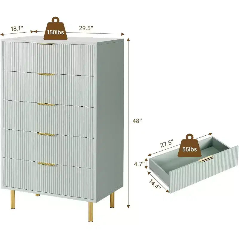 Commode moderne à 5 tiroirs - Grande capacité de rangement avec poignées dorées pour Chambre et Salon