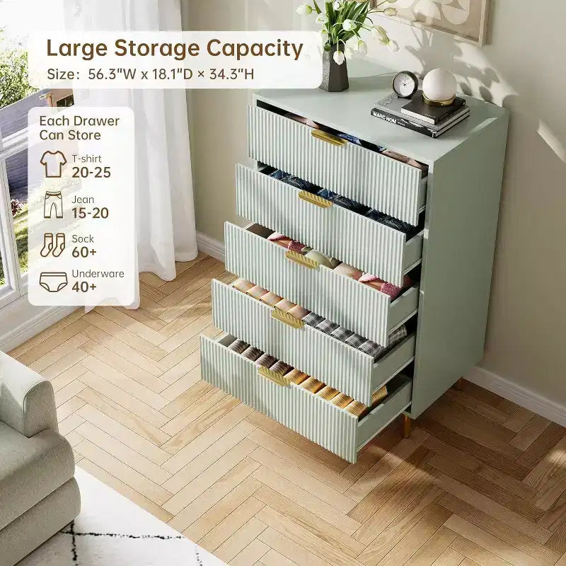 Commode moderne à 5 tiroirs - Grande capacité de rangement avec poignées dorées pour Chambre et Salon