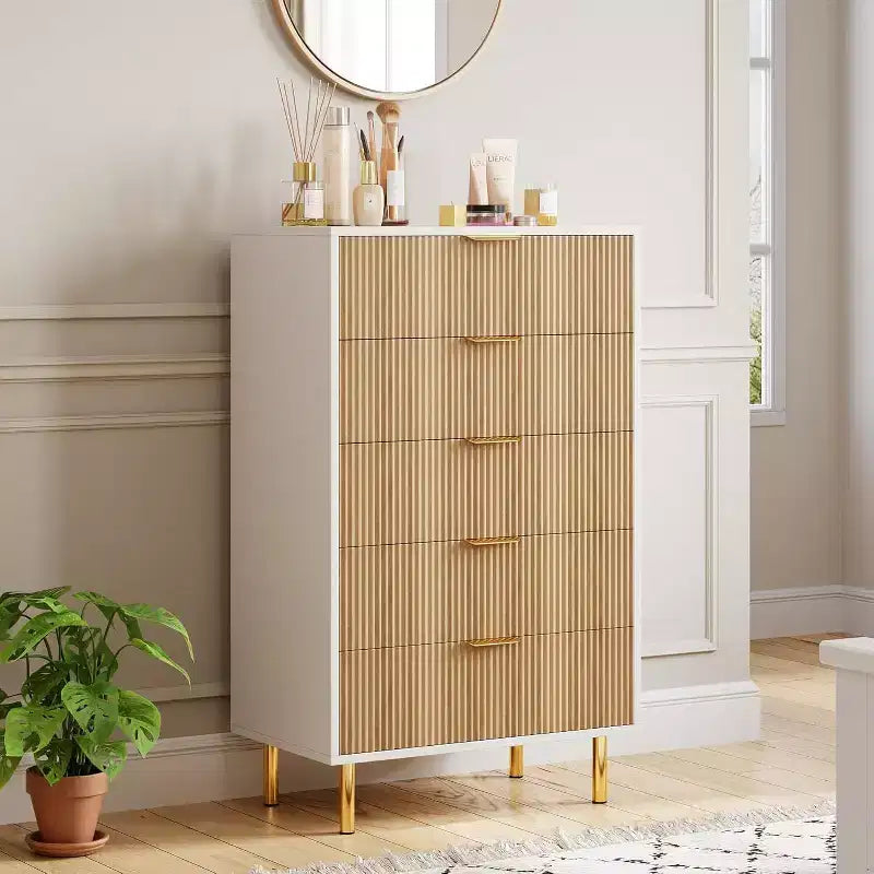 Commode moderne à 5 tiroirs - Grande capacité de rangement avec poignées dorées pour Chambre et Salon