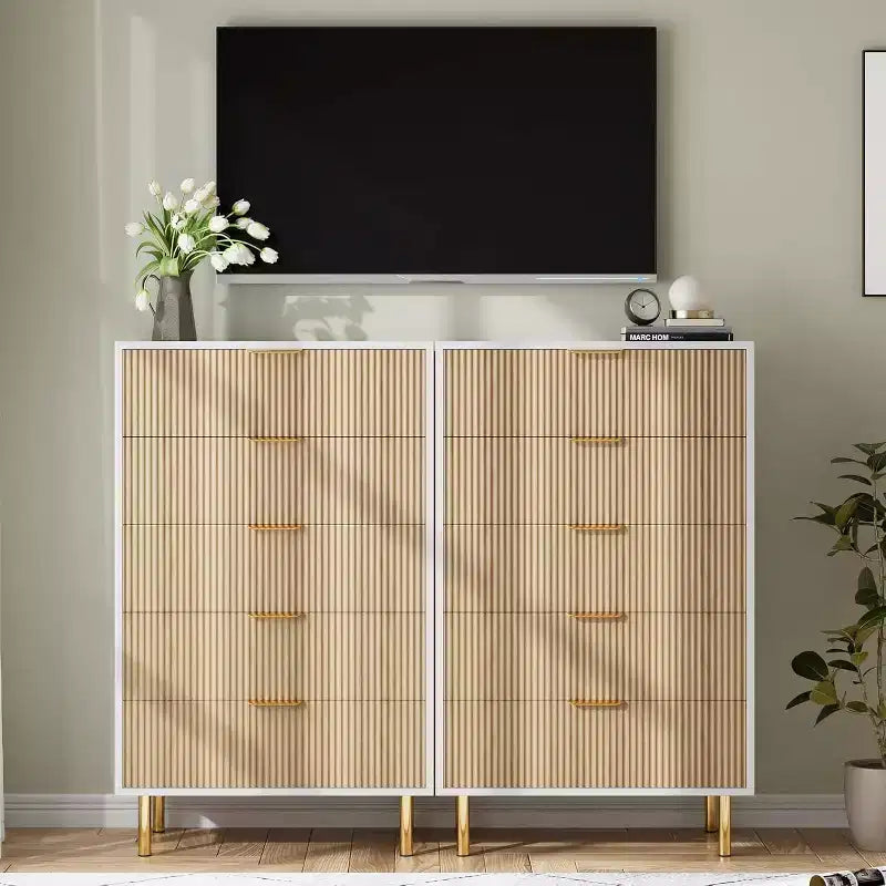 Commode moderne à 5 tiroirs - Grande capacité de rangement avec poignées dorées pour Chambre et Salon