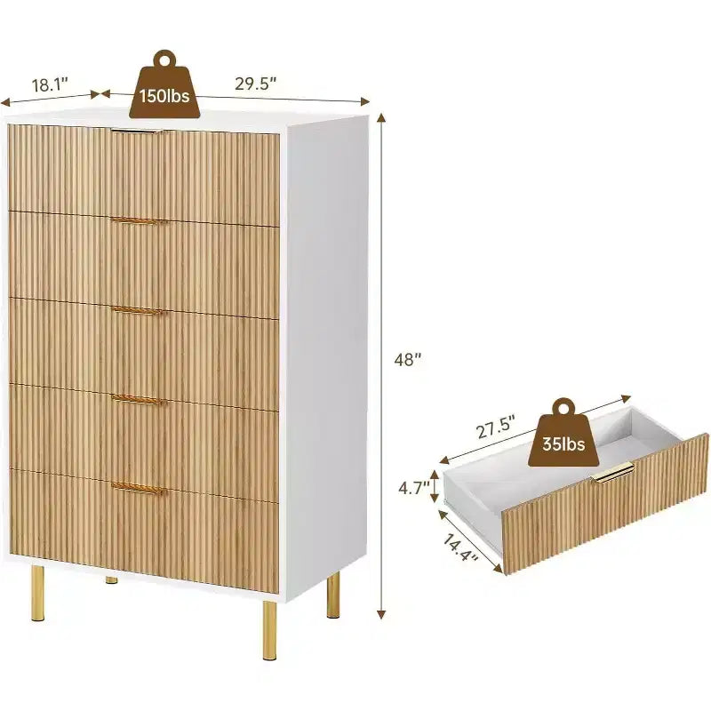 Commode moderne à 5 tiroirs - Grande capacité de rangement avec poignées dorées pour Chambre et Salon