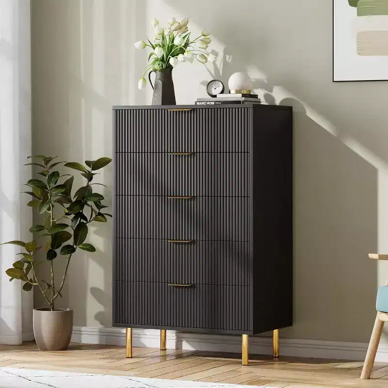 Commode moderne à 5 tiroirs - Grande capacité de rangement avec poignées dorées pour Chambre et Salon