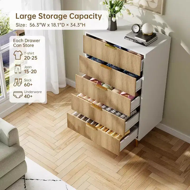 Commode moderne à 5 tiroirs - Grande capacité de rangement avec poignées dorées pour Chambre et Salon