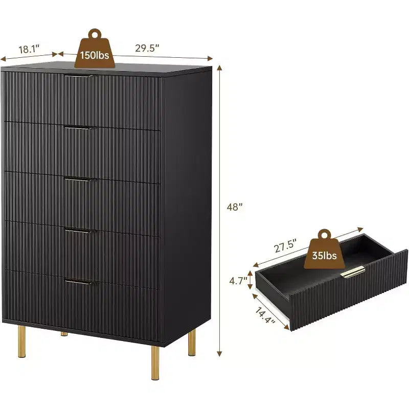 Commode moderne à 5 tiroirs - Grande capacité de rangement avec poignées dorées pour Chambre et Salon