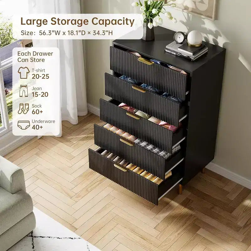 Commode moderne à 5 tiroirs - Grande capacité de rangement avec poignées dorées pour Chambre et Salon