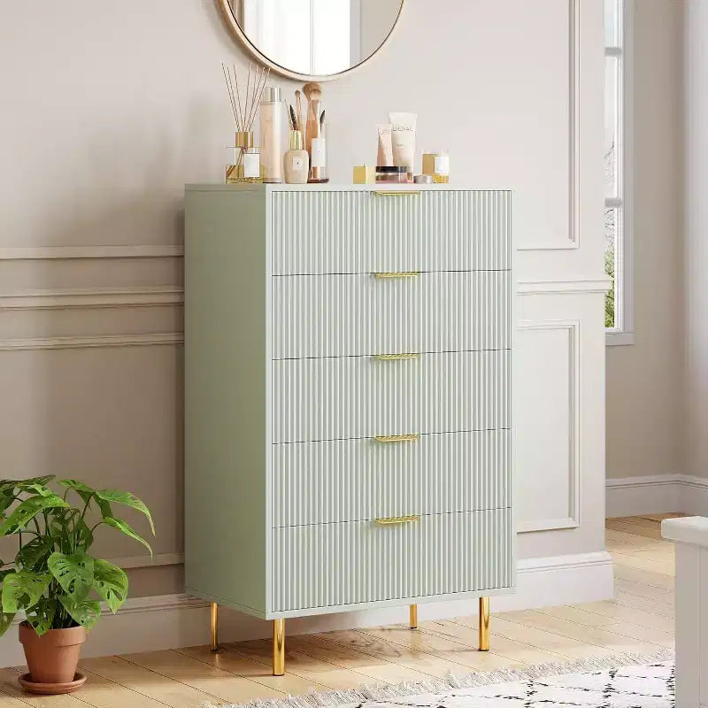 Commode moderne à 5 tiroirs - Grande capacité de rangement avec poignées dorées pour Chambre et Salon