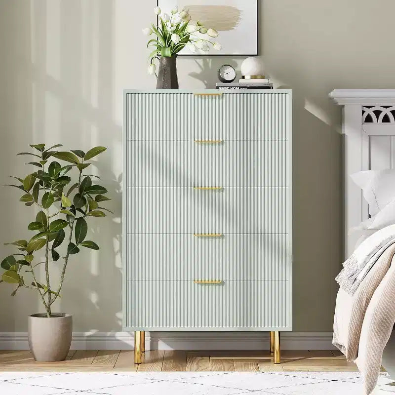 Commode moderne à 5 tiroirs - Grande capacité de rangement avec poignées dorées pour Chambre et Salon