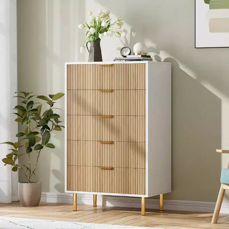 Commode moderne à 5 tiroirs - Grande capacité de rangement avec poignées dorées pour Chambre et Salon