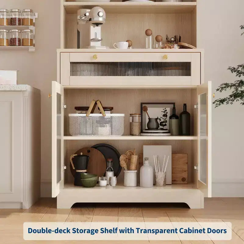 Meuble de cuisine autoportant de 62 pouces avec étagère à 5 niveaux, tiroir, 2 portes vitrées et étagères réglables