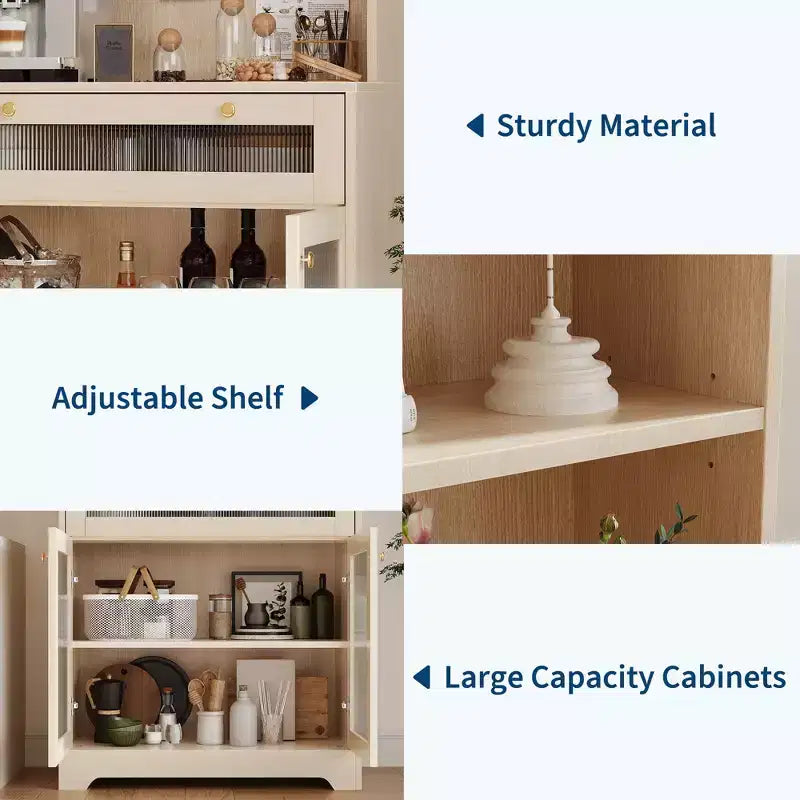 Meuble de cuisine autoportant de 62 pouces avec étagère à 5 niveaux, tiroir, 2 portes vitrées et étagères réglables