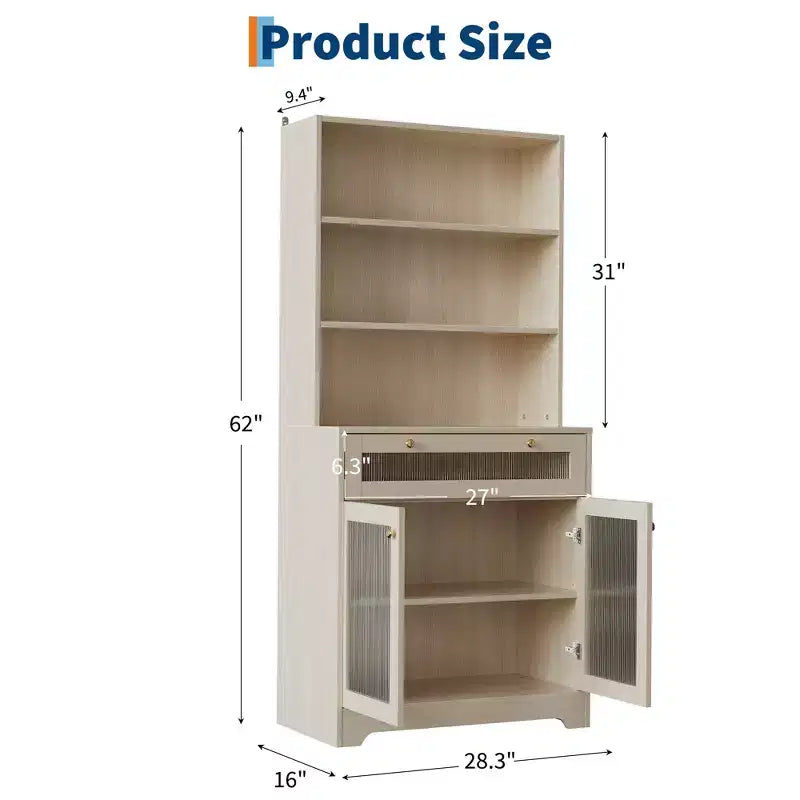Meuble de cuisine autoportant de 62 pouces avec étagère à 5 niveaux, tiroir, 2 portes vitrées et étagères réglables