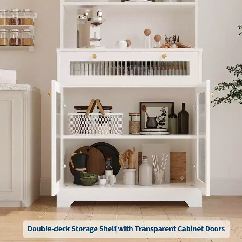 Meuble de cuisine autoportant de 62 pouces avec étagère à 5 niveaux, tiroir, 2 portes vitrées et étagères réglables