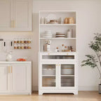 62-Inch Kitchen Pantry Cabinet Freestanding Storage Cupboard with 5-Tier Shelf, Drawer,2 Glass Doors & Adjustable Shelves