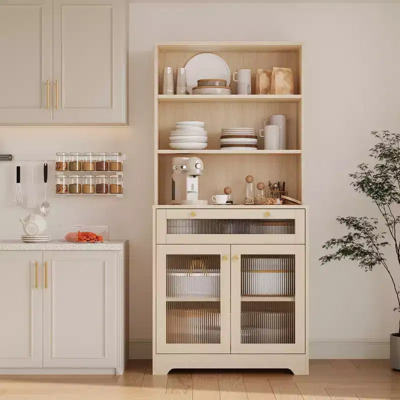 Meuble de cuisine autoportant de 62 pouces avec étagère à 5 niveaux, tiroir, 2 portes vitrées et étagères réglables