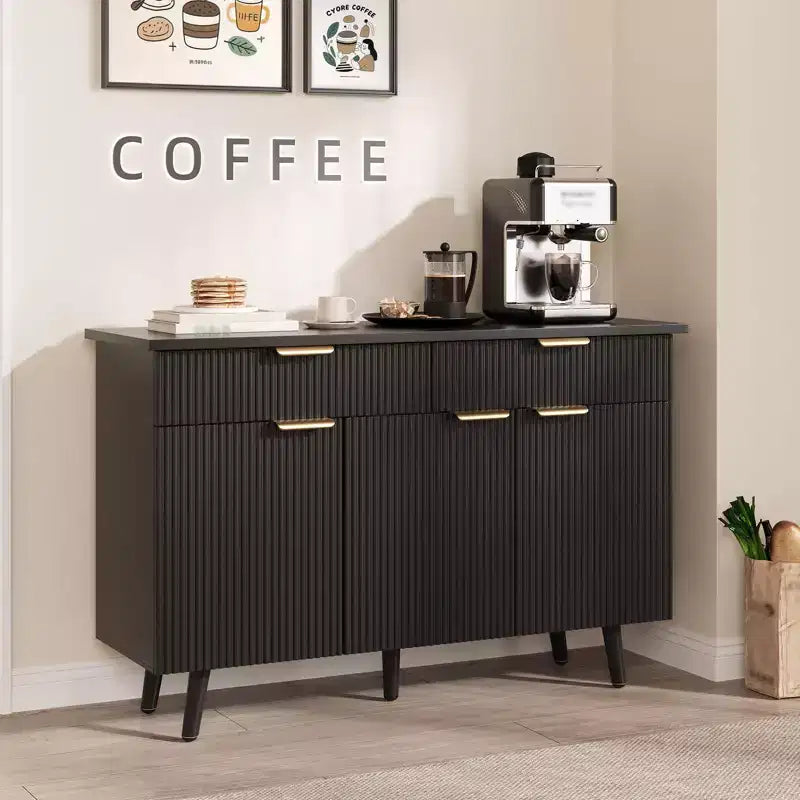 47 Inch Sideboard Buffet Cabinet, Wood Storage Cabinet with 3 Fluted Doors, Adjustable Shelves and 2 Drawers, for Living Room, Dining Room- Black