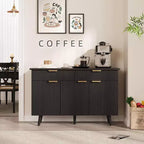 Buffet vaisselier de 119 cm, meuble de rangement en bois avec 3 portes cannelées, étagères réglables et 2 tiroirs, pour salon, salle à manger - Noir