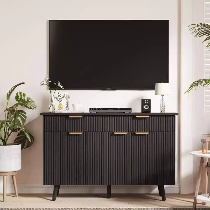 Buffet vaisselier de 119 cm, meuble de rangement en bois avec 3 portes cannelées, étagères réglables et 2 tiroirs, pour salon, salle à manger - Noir