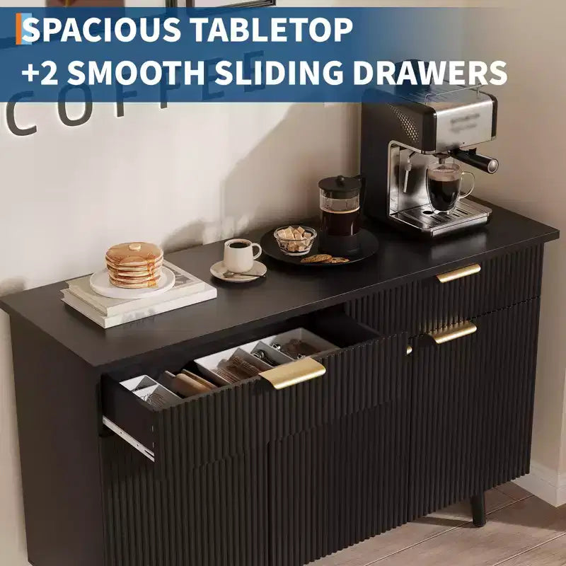 Buffet vaisselier de 119 cm, meuble de rangement en bois avec 3 portes cannelées, étagères réglables et 2 tiroirs, pour salon, salle à manger - Noir