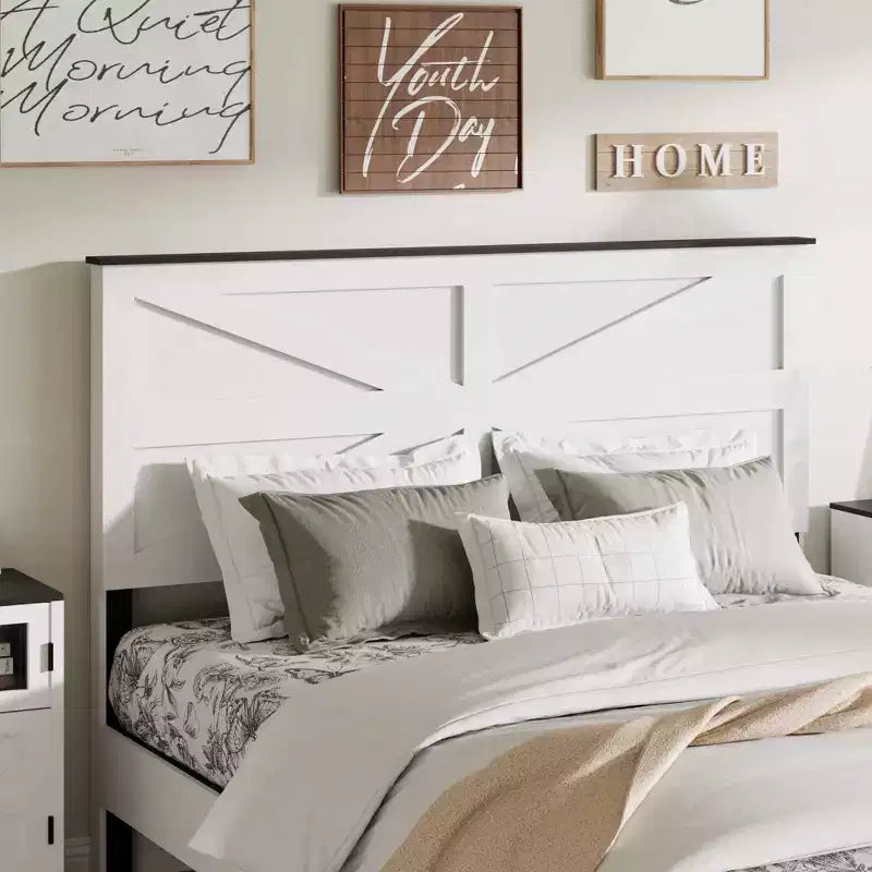 Lit plateforme double en bois avec tête de lit, conception silencieuse, aucun sommier tapissier requis, grand espace de rangement sous le lit, assemblage facile, blanc