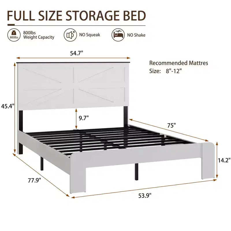 Lit plateforme double en bois avec tête de lit, conception silencieuse, aucun sommier tapissier requis, grand espace de rangement sous le lit, assemblage facile, blanc