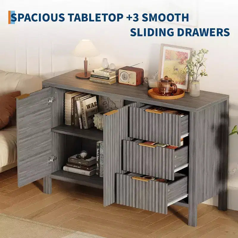 Buffet enfilade cannelé de 118 cm avec 2 portes et 3 tiroirs, meuble console d'appoint pour entrée, salon, salle à manger
