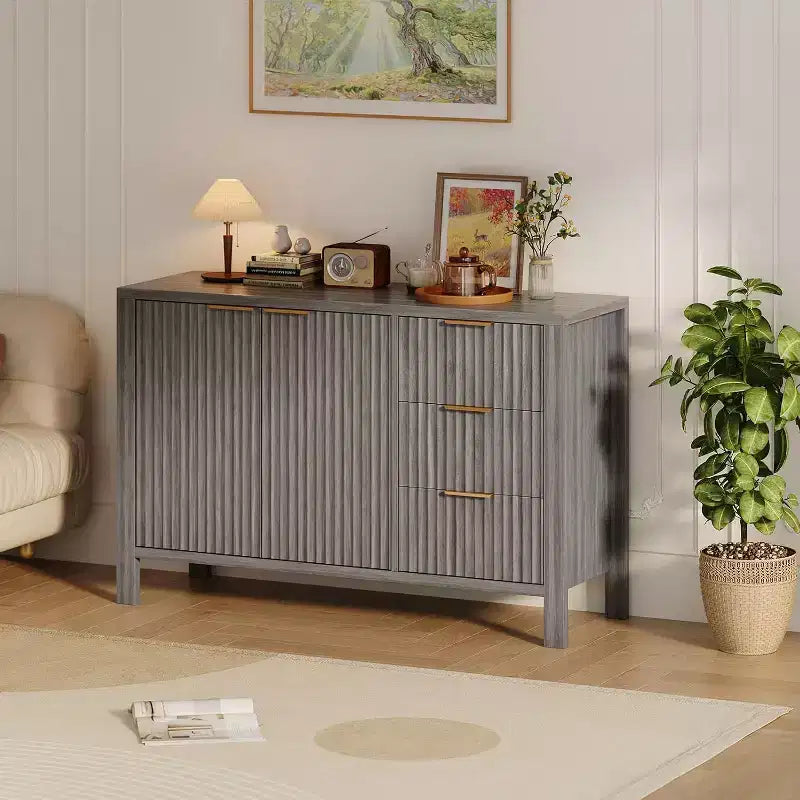 Buffet enfilade cannelé de 118 cm avec 2 portes et 3 tiroirs, meuble console d'appoint pour entrée, salon, salle à manger