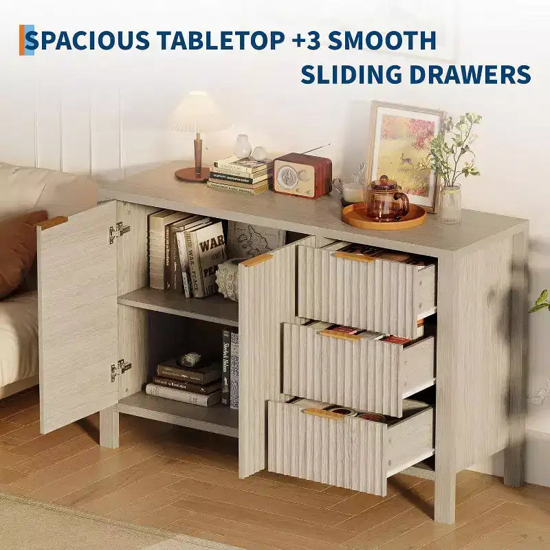 Buffet enfilade cannelé de 118 cm avec 2 portes et 3 tiroirs, meuble console d'appoint pour entrée, salon, salle à manger