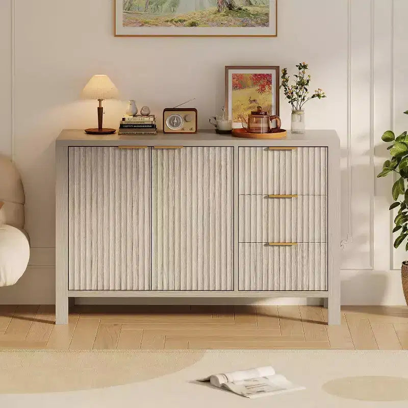 Buffet enfilade cannelé de 118 cm avec 2 portes et 3 tiroirs, meuble console d'appoint pour entrée, salon, salle à manger