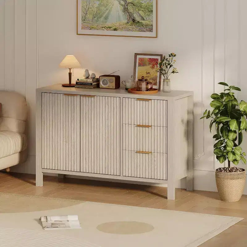 Buffet enfilade cannelé de 118 cm avec 2 portes et 3 tiroirs, meuble console d'appoint pour entrée, salon, salle à manger