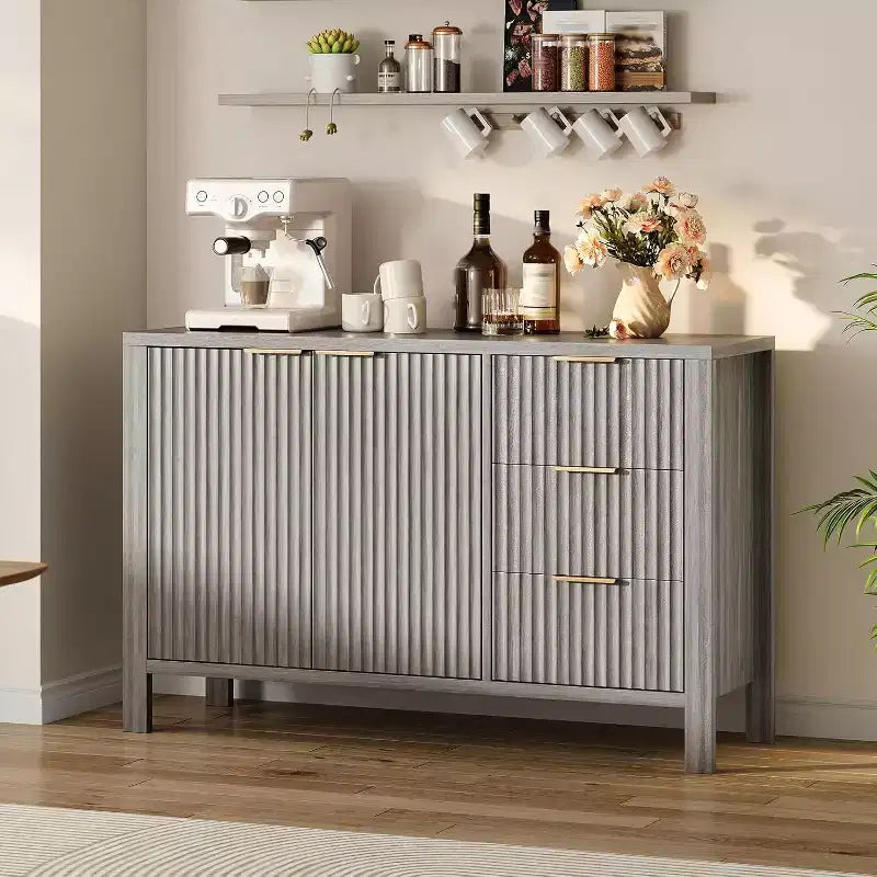 Buffet enfilade cannelé de 118 cm avec 2 portes et 3 tiroirs, meuble console d'appoint pour entrée, salon, salle à manger