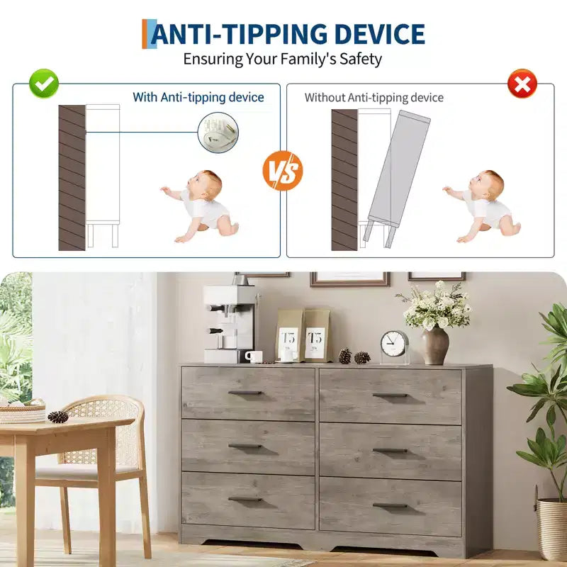 Commode à 6 tiroirs profonds avec dispositif anti-basculement, commode moderne pour la maison, le bureau et le salon