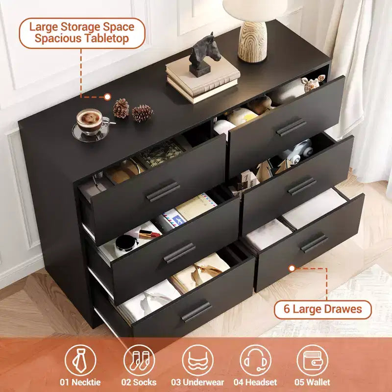 Commode à 6 tiroirs profonds avec dispositif anti-basculement, commode moderne pour la maison, le bureau et le salon