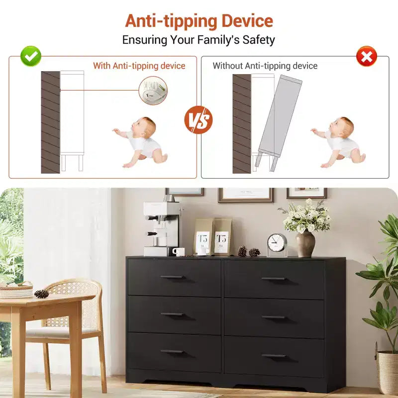 Commode à 6 tiroirs profonds avec dispositif anti-basculement, commode moderne pour la maison, le bureau et le salon