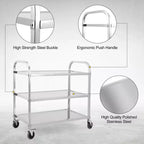 Chariot de service en acier inoxydable, chariot commercial à 3 niveaux avec roues silencieuses à frein et poignée ergonomique, chariot de restauration de 100 kg pour cuisine et laboratoire