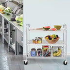 Chariot de service en acier inoxydable, chariot commercial à 3 niveaux avec roues silencieuses à frein et poignée ergonomique, chariot de restauration de 100 kg pour cuisine et laboratoire